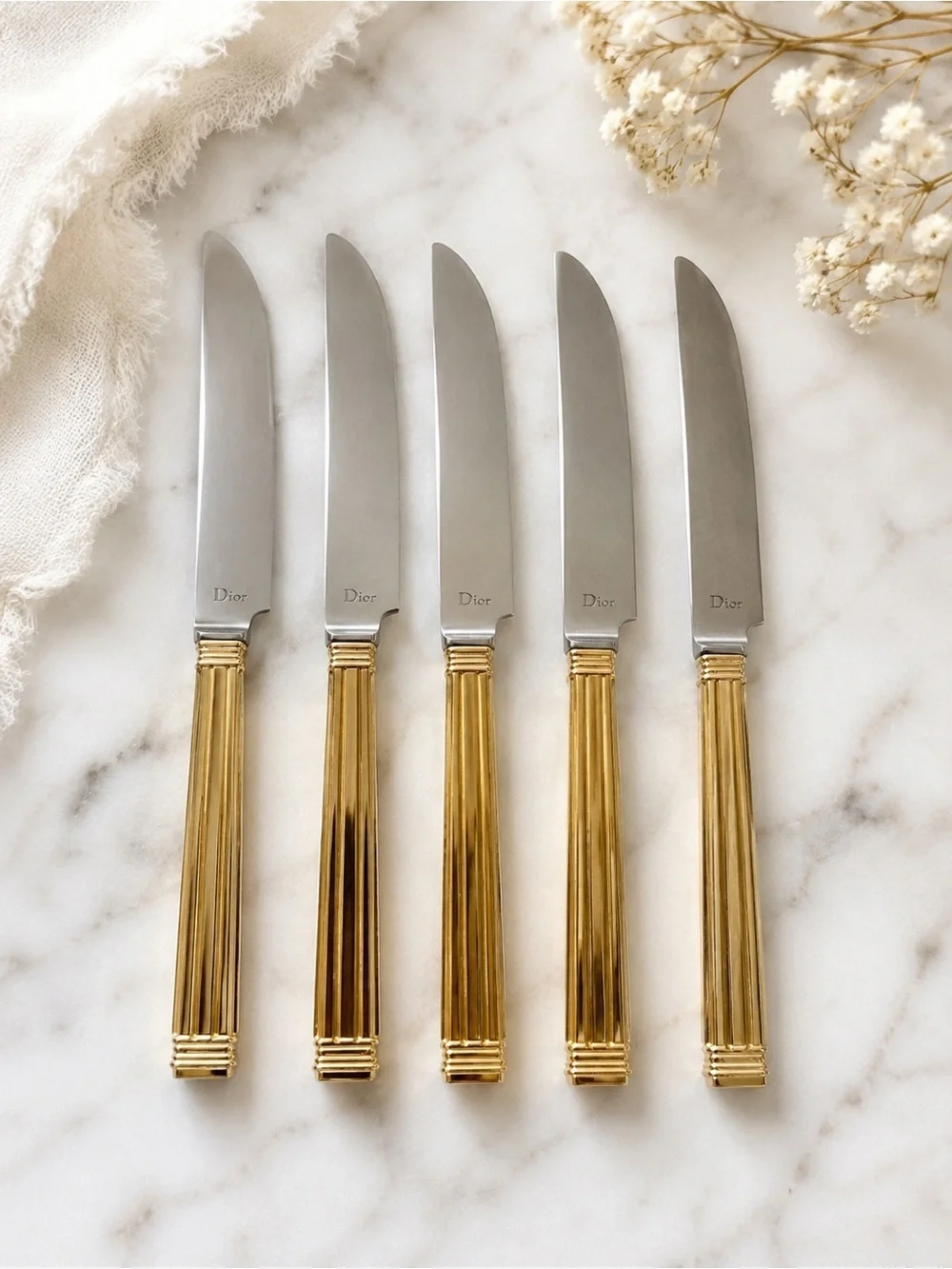 VTG Christian Dior Japan Gold Tone Dinner Knives Set of 5